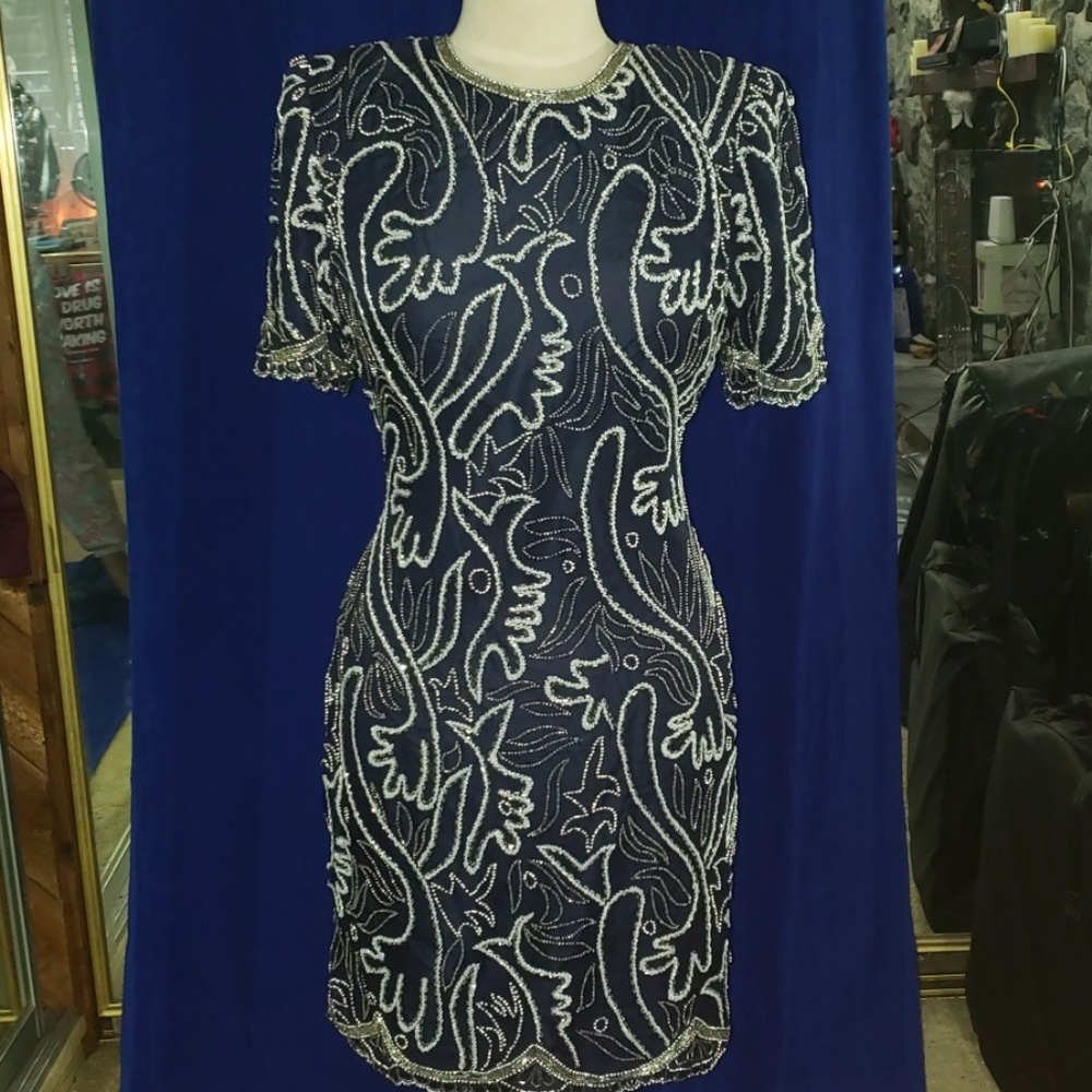 Navy bead midi dress large